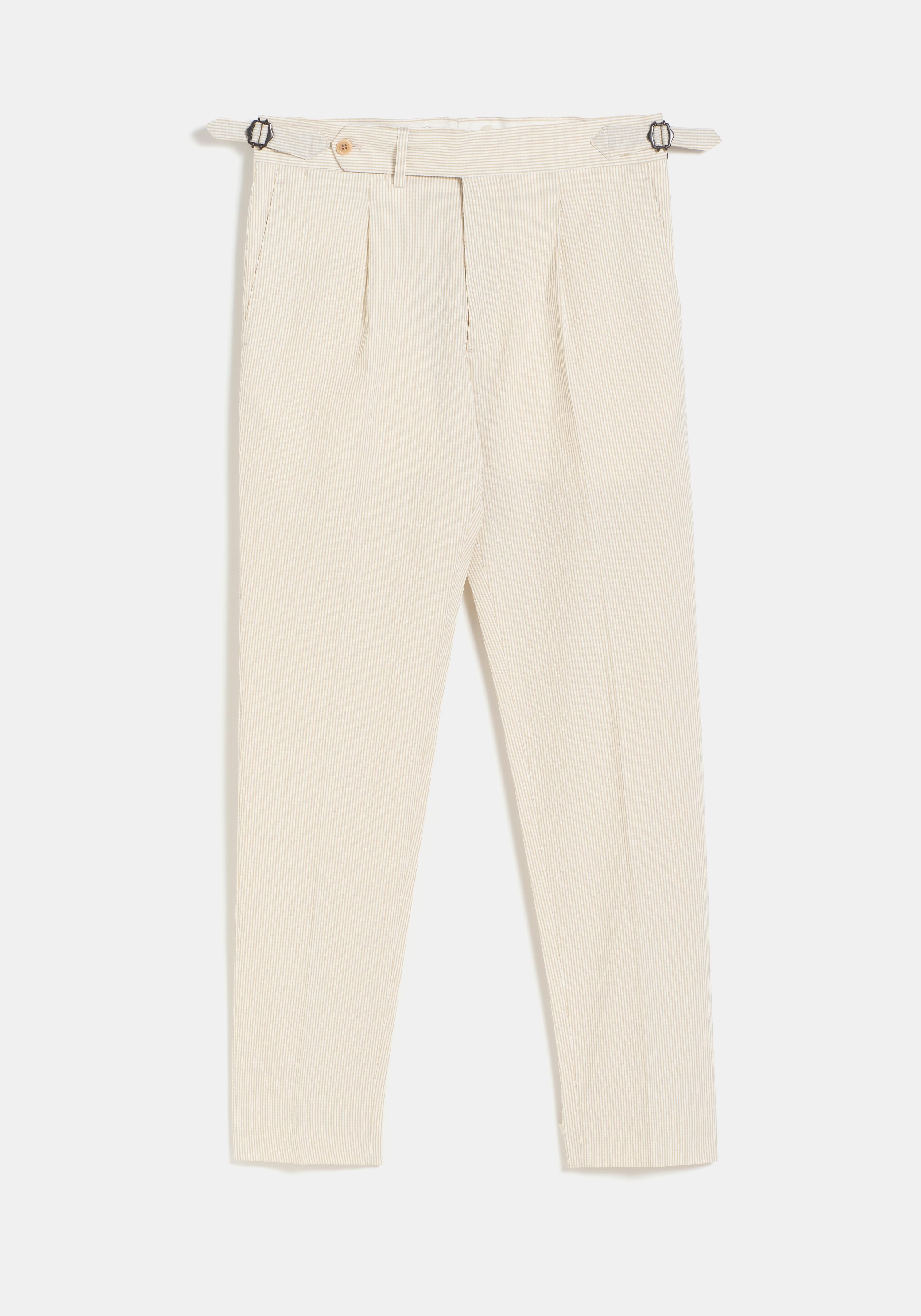 PANTALON SEERSUCKER RAYA BEIGE ALGODON CEÑIDOR PINZA