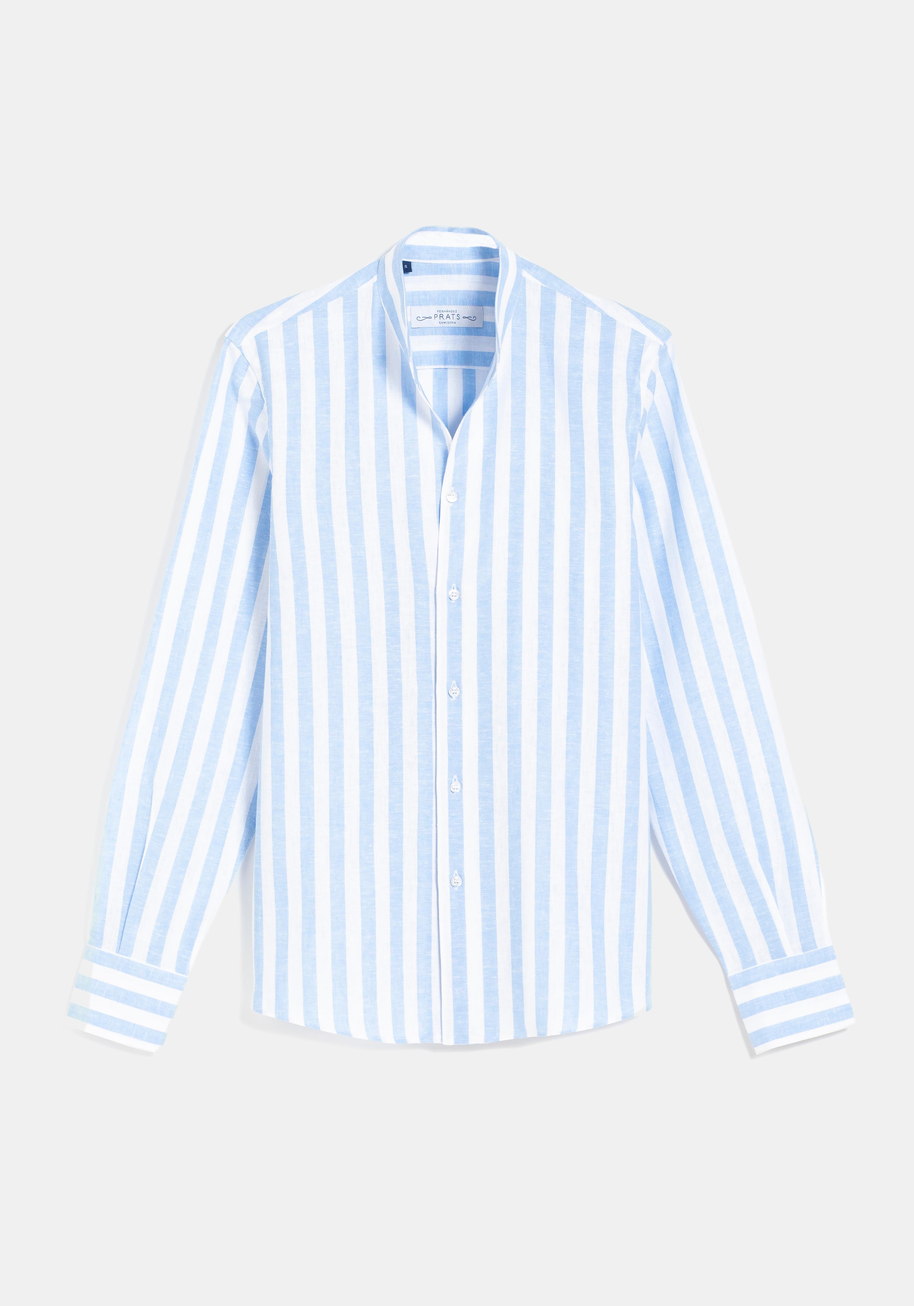 CAMISA LINO CUELLO VISTA RAYAS ANCHAS AZUL-BLANCO